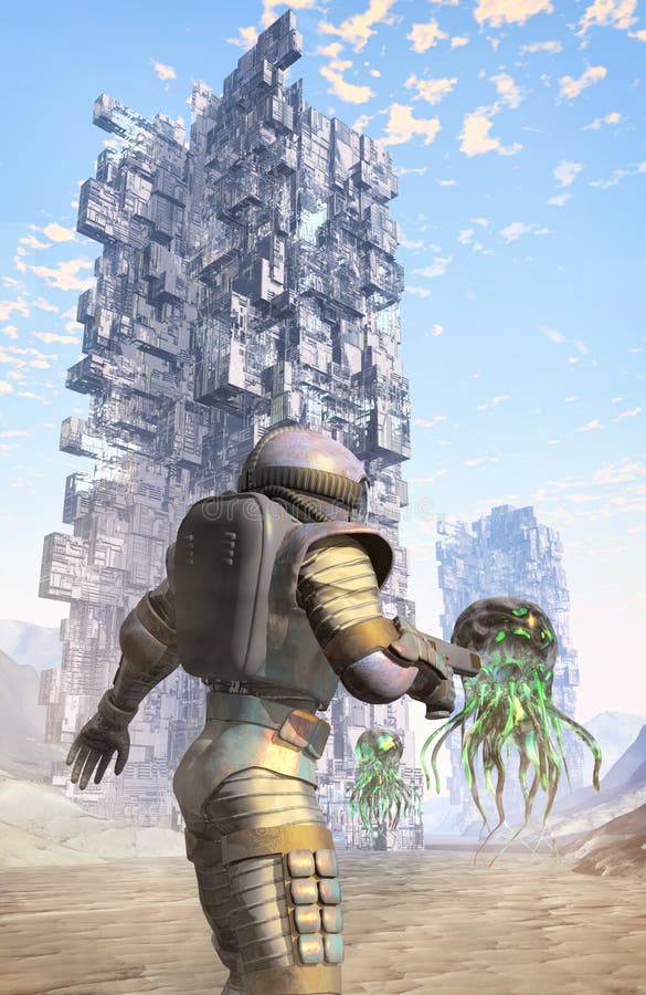 Astronaut soldier and alien city 3D render science fiction illustration. Astronaut soldier and alien city 3D render science fiction illustration