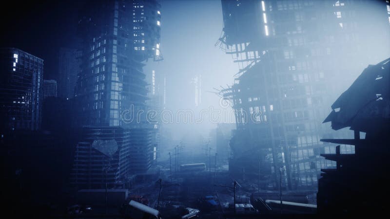Città di apocalisse in nebbia Vista aerea della città distrutta Concetto di apocalisse rappresentazione 3d