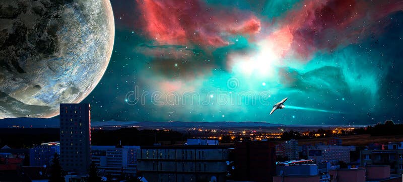 Città di fantascienza con la nebulosa, il pianeta e le astronavi, manipulati della foto illustrazione di stock Città di fantascienza con la nebulosa, il pianeta e le astronavi, manipulati della foto illustrazione di stock