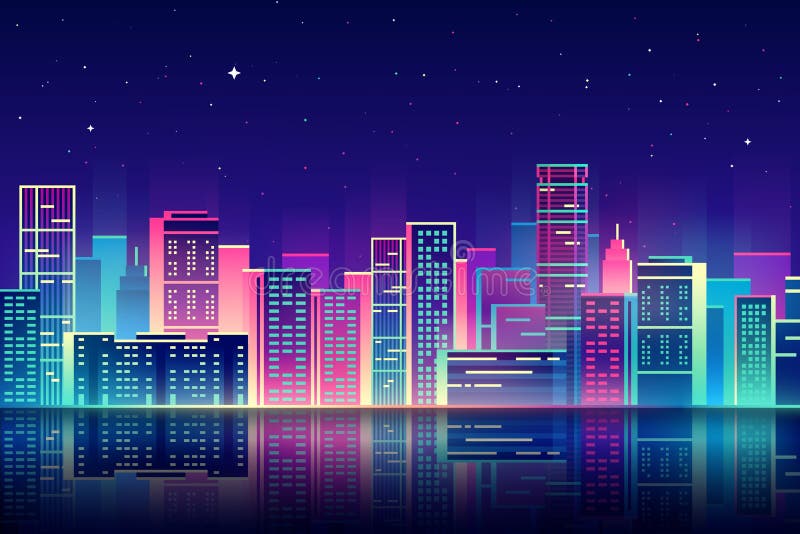 Città di notte di vettore con l'illustrazione al neon di incandescenza illustrazione vettoriale Città di notte di vettore con l'illustrazione al neon di incandescenza illustrazione vettoriale
