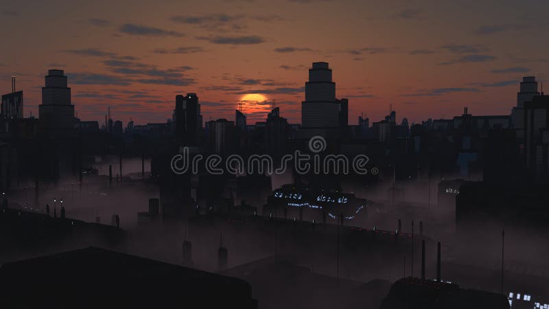 Science fiction illustration of the streets of a future city filled with mist at sunset, 3d digitally rendered illustration. Science fiction illustration of the streets of a future city filled with mist at sunset, 3d digitally rendered illustration