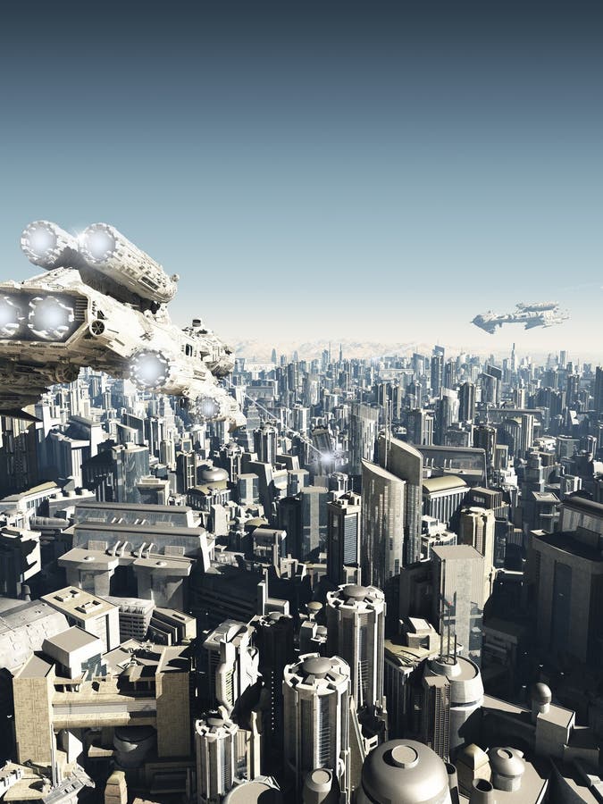 Science fiction city being attacked from above, 3d digitally rendered illustration. Science fiction city being attacked from above, 3d digitally rendered illustration