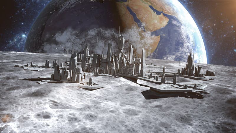 Città futuristica, città sulla luna La vista dello spazio del pianeta Terra rappresentazione 3d royalty illustrazione gratis Città futuristica, città sulla luna La vista dello spazio del pianeta Terra rappresentazione 3d royalty illustrazione gratis