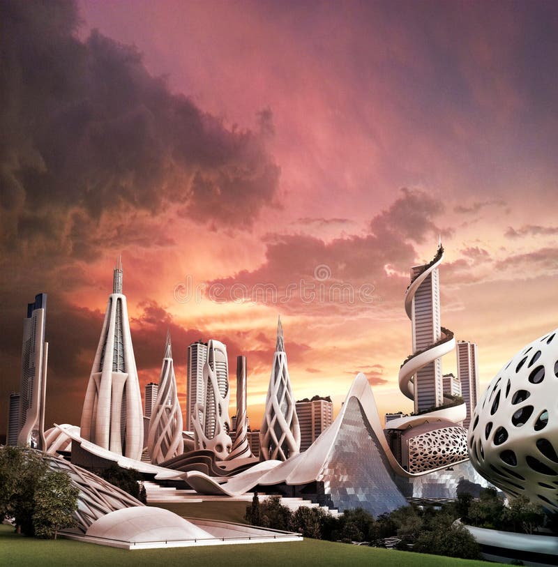 Città futuristica con una progettazione architettonica organica illustrazione di stock