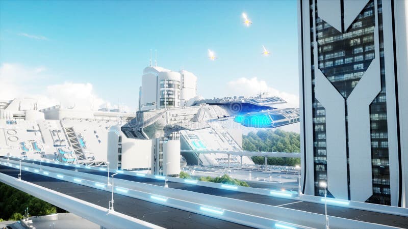 Città futuristica, città Il concetto del futuro Siluetta dell'uomo Cowering di affari rappresentazione 3d royalty illustrazione gratis