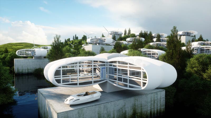 Città futuristica, villaggio Il concetto del futuro Siluetta dell'uomo Cowering di affari rappresentazione 3d royalty illustrazione gratis