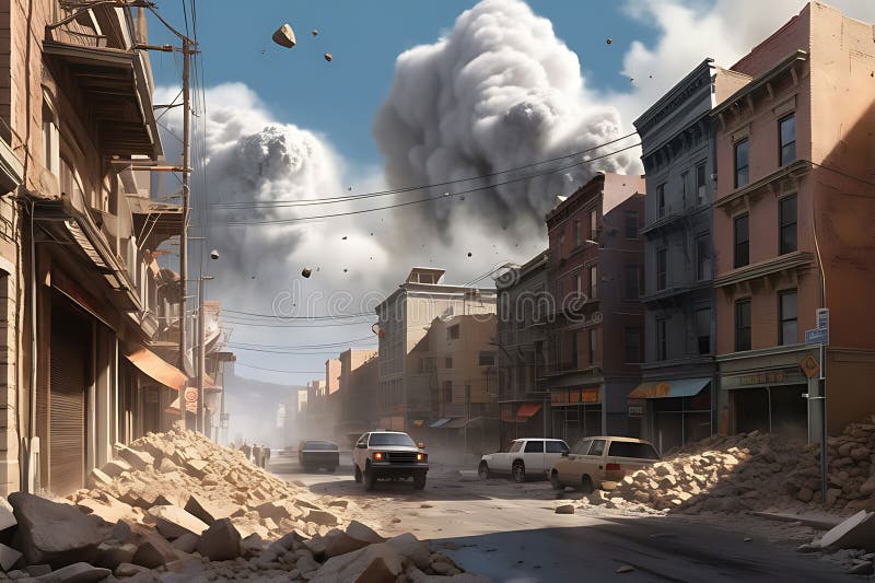 Città sotto assedio per una pioggia di meteore : rocce che cadono dal cielo e crollano tra le macerie illustrazione di stock