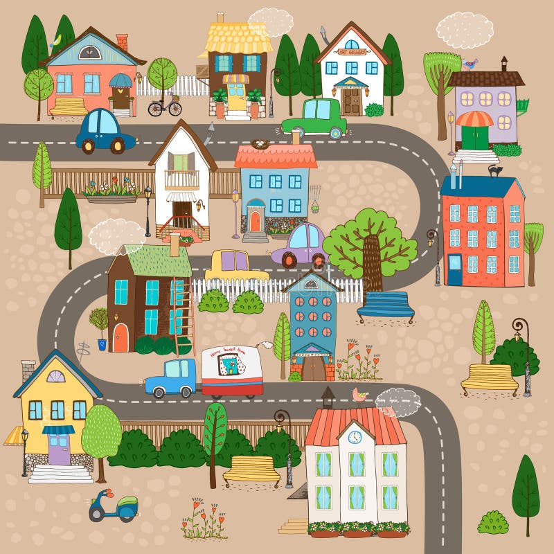 Città sulla strada illustrazione vettoriale Città sulla strada illustrazione vettoriale
