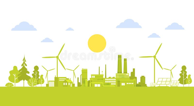 Città verde della siluetta con il concetto pulito dell'ambiente di ecologia della natura del generatore eolico