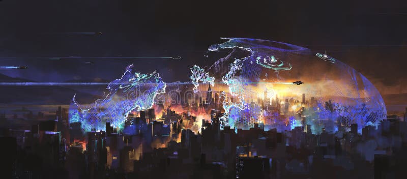 A city attacked by aliens, science fiction illustration