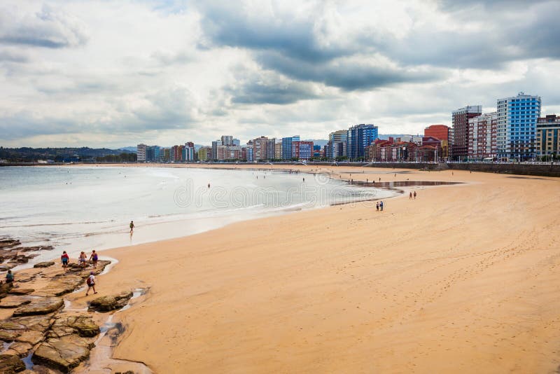 Gijon beach aerial view in the centre of Gijon city in Asturias, Spain. Gijon beach aerial view in the centre of Gijon city in Asturias, Spain