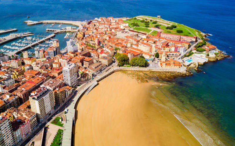 City beach in Gijon, Spain. Gijon beach aerial view in the centre of Gijon city in Asturias, Spain