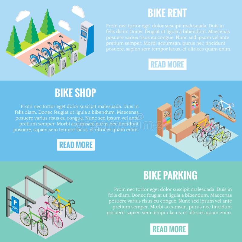 City bike concept vector banners in isometric style. Illustration in flat 3d design. Bicycle parking, repair shop and royalty free illustration City bike concept vector banners in isometric style. Illustration in flat 3d design. Bicycle parking, repair shop and royalty free illustration