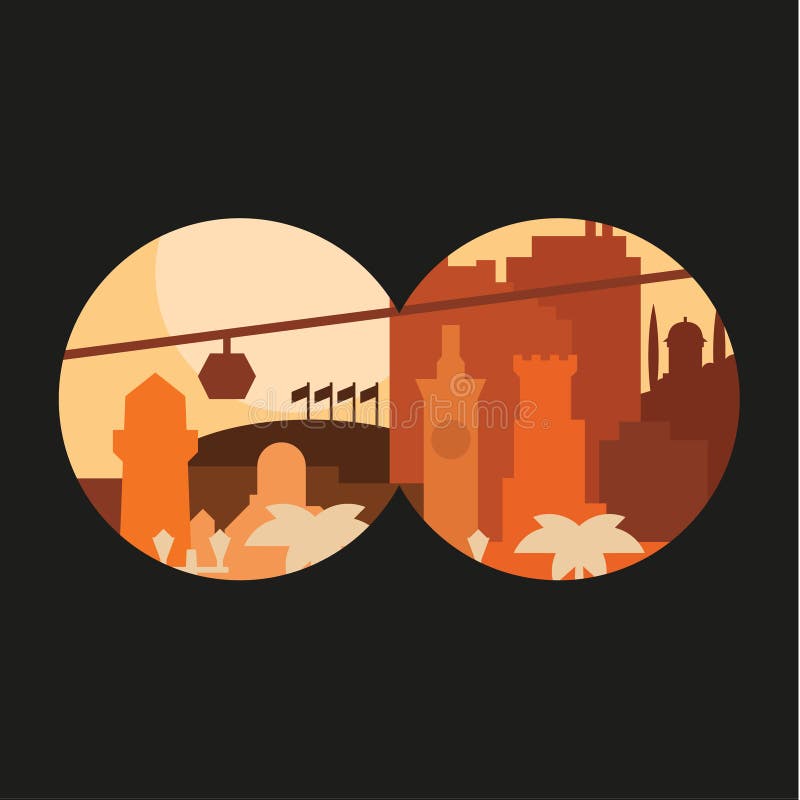 City through binoculars building palm flags in pastel shades at sunset royalty free illustration City through binoculars building palm flags in pastel shades at sunset royalty free illustration