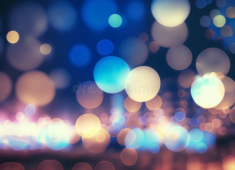 City blurring lights abstract circular bokeh on blue background. Generative AI stock illustration
