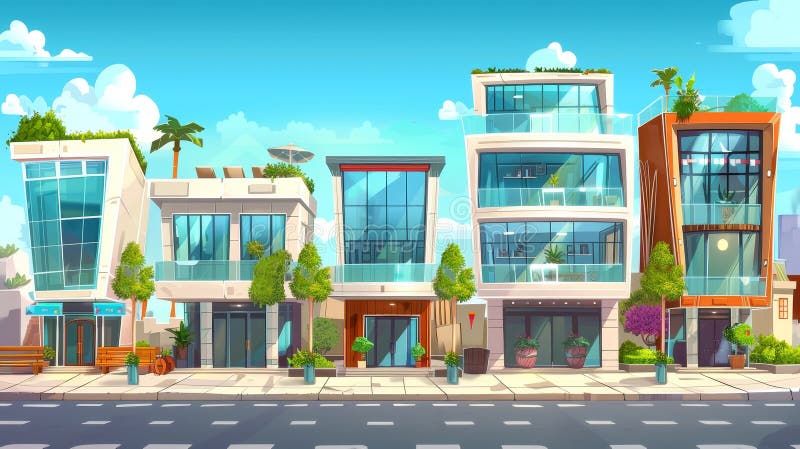 A city building with a book store, coffee store, and bank facade. A multistory and low-rise dwelling, a shop, cafe, or hotel with glass windows outside.. AI generated