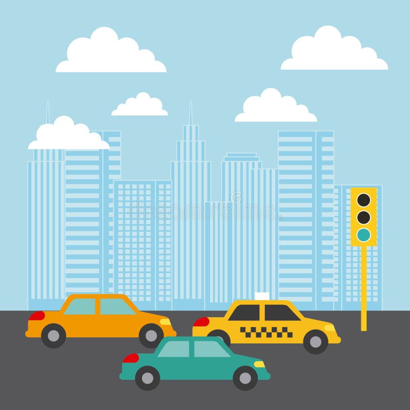 City buildings cars traffic light clouds image