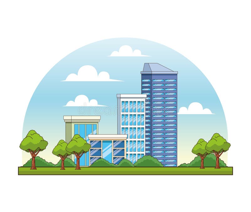 City Buildings and Park with Trees Scenery Stock Vector - Illustration