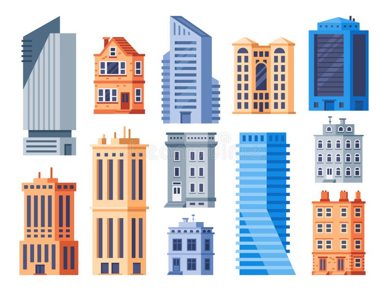 City buildings. Urban office exterior, living house building and apartment house isolated vector icons set