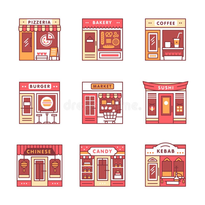 City cafe, food and groceries shops and stores buildings storefronts signs set. Thin line art icons. Flat style illustrations isolated on white.