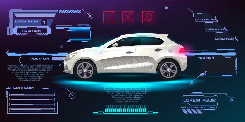 City car vector. Futuristic user interface. HUD UI. Abstract virtual graphic touch user interface. Cars infographic. Car options. stock image