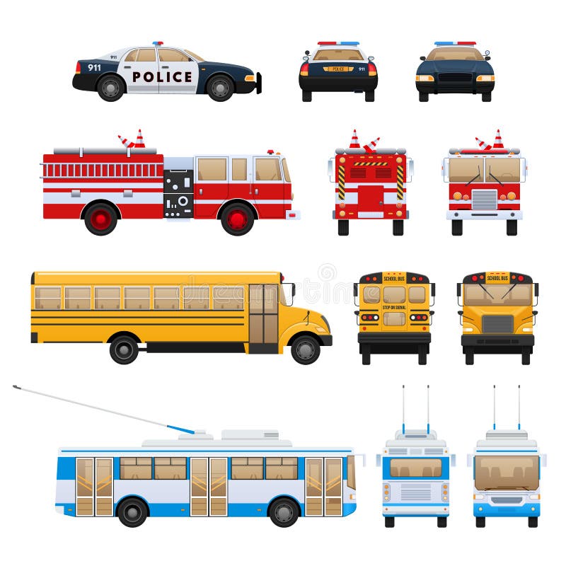 Set of urban transport. City cars, vehicles transport: fire service, school bus machine, rescue service, police. Side, front, rear view. City car rescue service. Vector flat illustration isolated. Set of urban transport. City cars, vehicles transport: fire service, school bus machine, rescue service, police. Side, front, rear view. City car rescue service. Vector flat illustration isolated