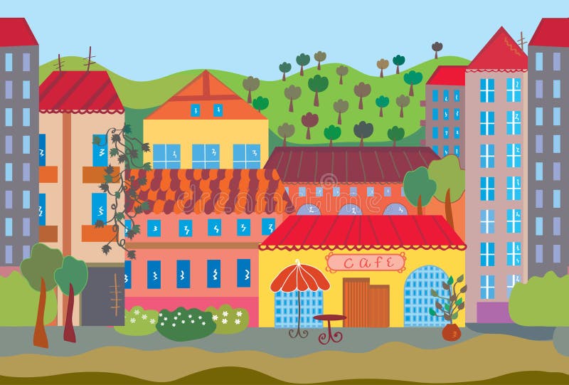 City cartoon seamless pattern with houses