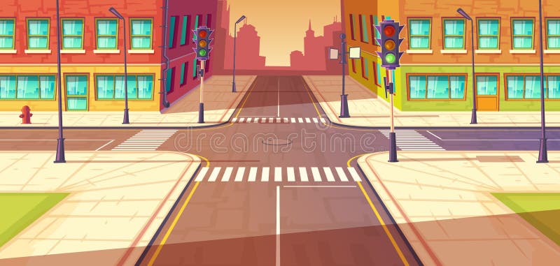 City crossroads, intersection vector illustration. Urban highway, crosswalk with traffic lights. vector illustration City crossroads, intersection vector illustration. Urban highway, crosswalk with traffic lights. vector illustration