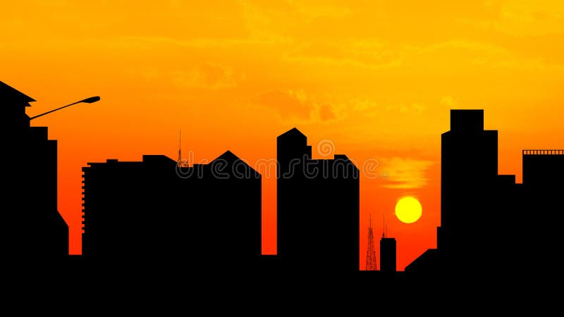 City downtown at sunset, skyline silhouette