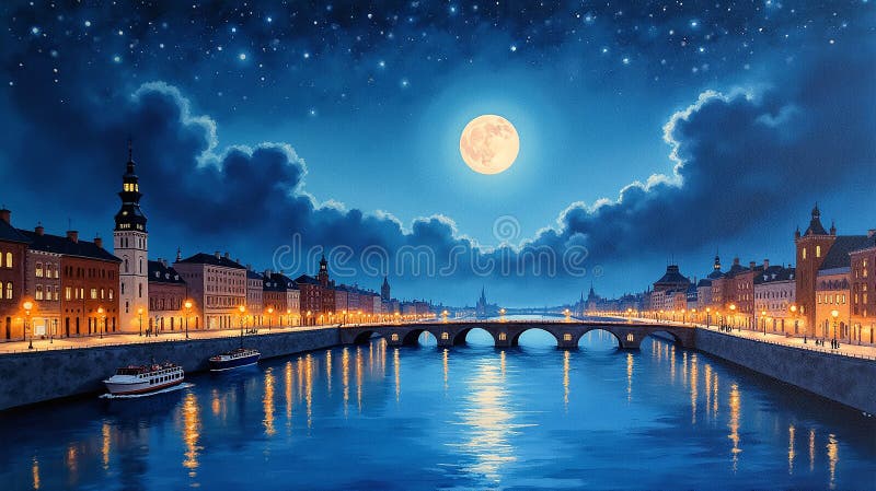 City Dreams : En målad nattlig Cityscape stock illustrationer
