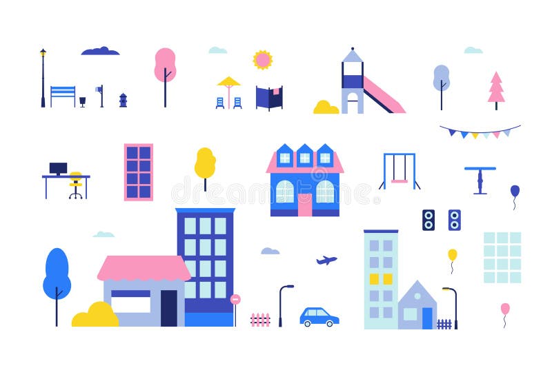 City elements - flat design style set of isolated objects royalty free illustration