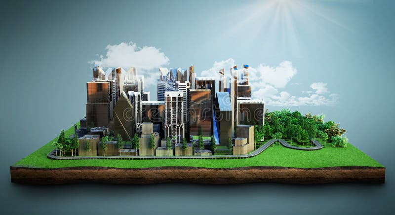 city of future concept Image of a modern city surrounded by nature landscape 3d render on blue