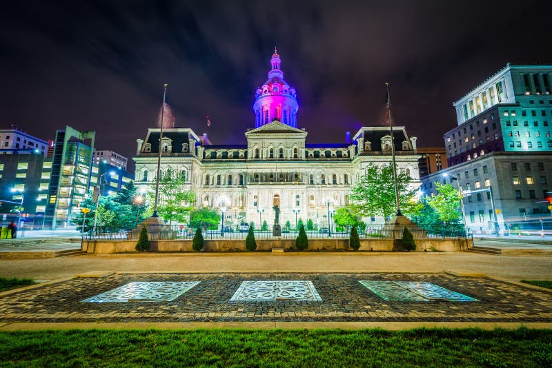 City Hall at Night, in Downtown Baltimore, Maryland. Editorial Image