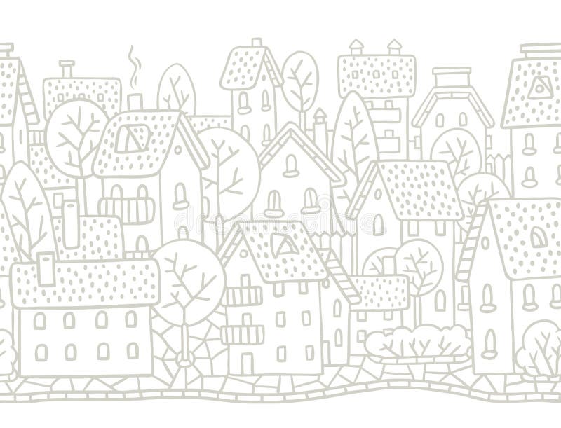 City horizontally seamless monochrome pattern with houses, trees and roofs. City horizontally seamless monochrome pattern with houses, trees and roofs