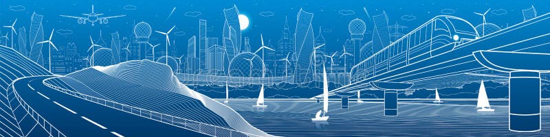 City infrastructure industrial and transport illustration panorama. Train travels along railway bridge over river. Automobile roa vector illustration
