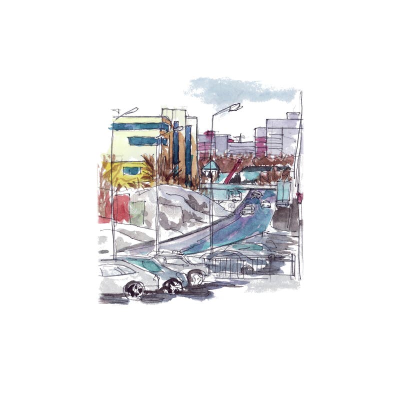 City landscape with buildings, expensive, cars urban watercolor sketch vector illustration City landscape with buildings, expensive, cars urban watercolor sketch vector illustration
