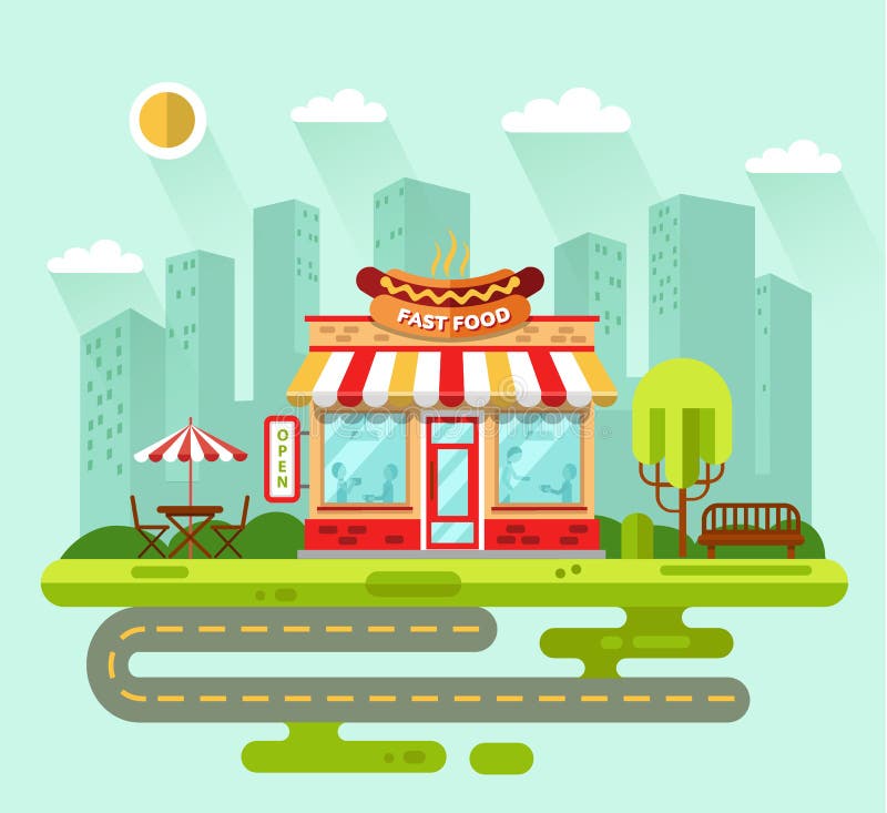 City landscape with fast food restaurant