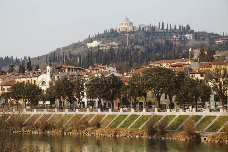 City landscape by the river, Verona, Europe, buildings and trees