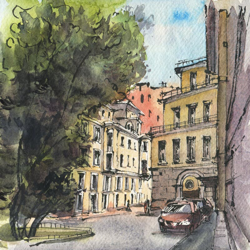 City Landscape. Sketch Ink and Watercolor Stock Image - Image of ...