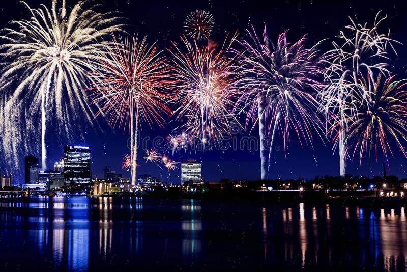 City Lights Skyline With Fireworks Stock Image Image 42275281