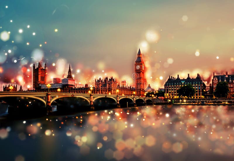 City of London by Night - Tower Bridge, Big Ben, Sunset - Bokeh, Lens Flares, Camera Blur stock image City of London by Night - Tower Bridge, Big Ben, Sunset - Bokeh, Lens Flares, Camera Blur stock image