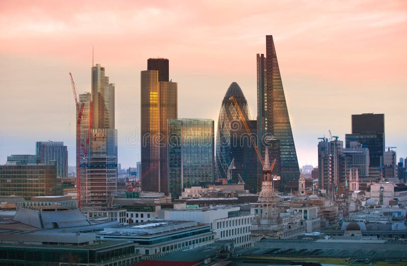 City of London at Sunset. Famous Skyscrapers City of London Business ...