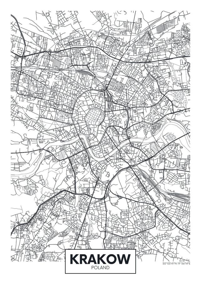 City map Krakow, travel vector poster design roads, trails and rivers. Poland map rivers vectors