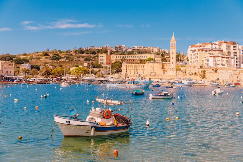 City Marsaskala Malta summer harbour Fishing boats in water mediterranean sea blue