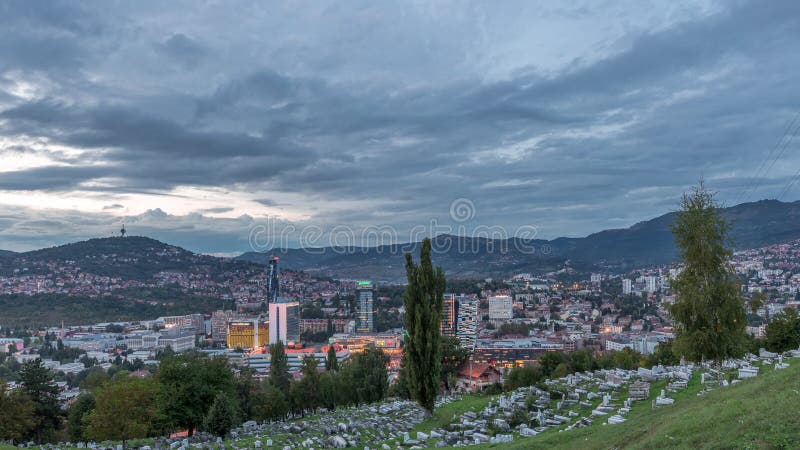 City panorama from Old Jewish cemetery day to night timelapse in Sarajevo