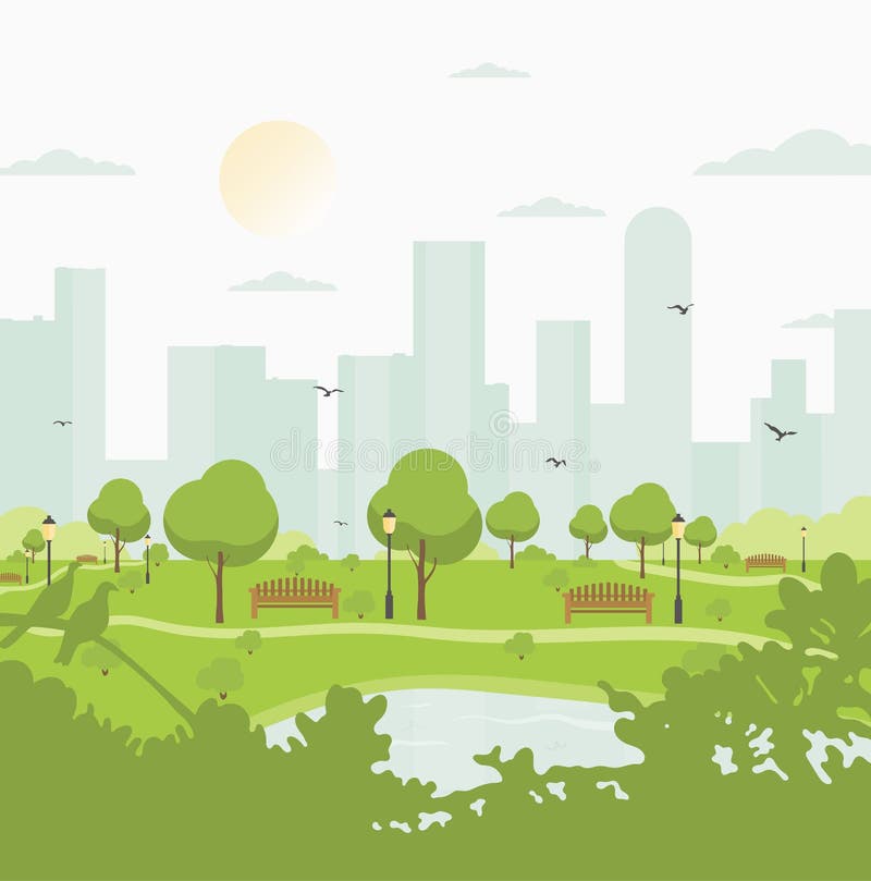 City park against high-rise buildings. Landscape with trees, bushes, lake, birds, lanterns and benches. Colorful vector royalty free illustration City park against high-rise buildings. Landscape with trees, bushes, lake, birds, lanterns and benches. Colorful vector royalty free illustration