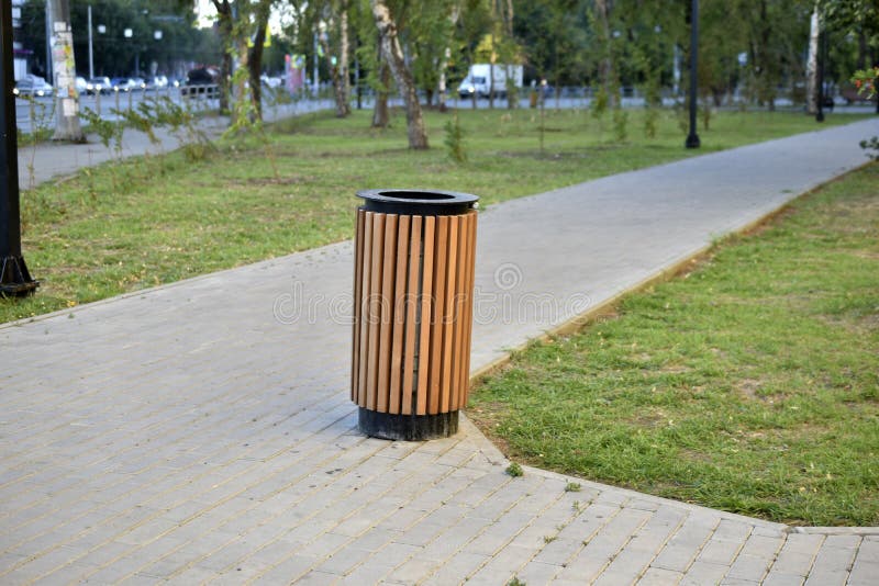 City Park with Garbage Cans and Flower Beds Stock Photo Image of