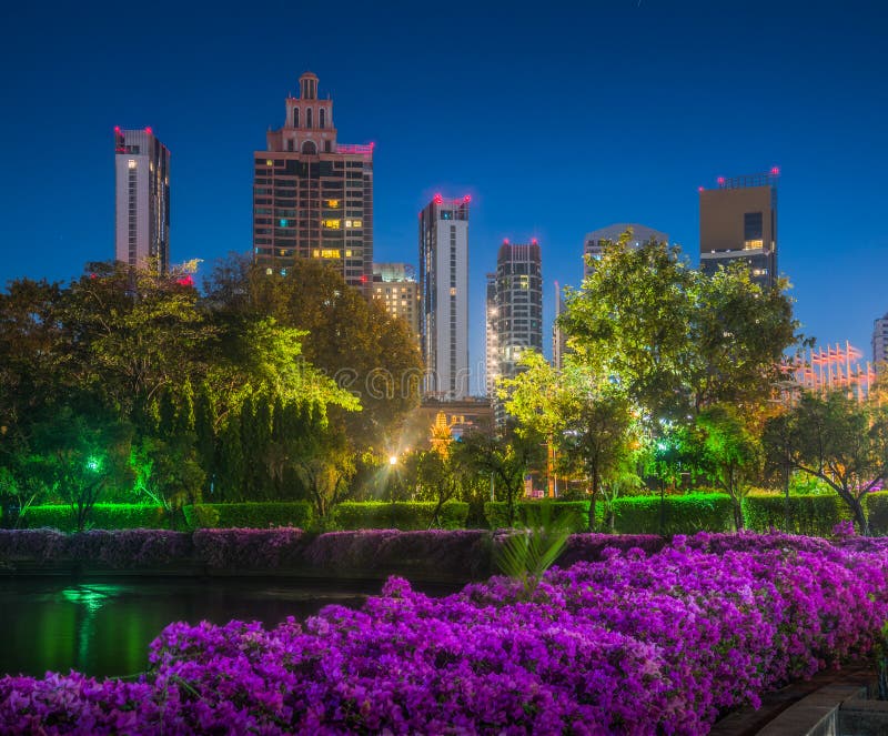 Skyscrapers Near South Part of Benjakiti Public Park at Night in Bangkok, Thailand. Skyscrapers Near South Part of Benjakiti Public Park at Night in Bangkok, Thailand