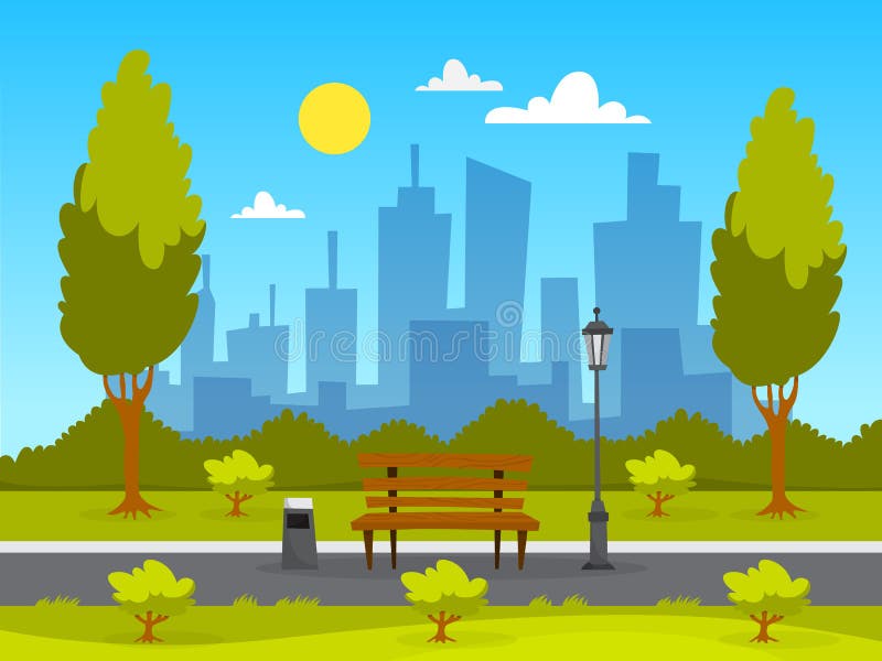 City Park Landscape. Green Grass, Bench and Trees Stock Vector ...