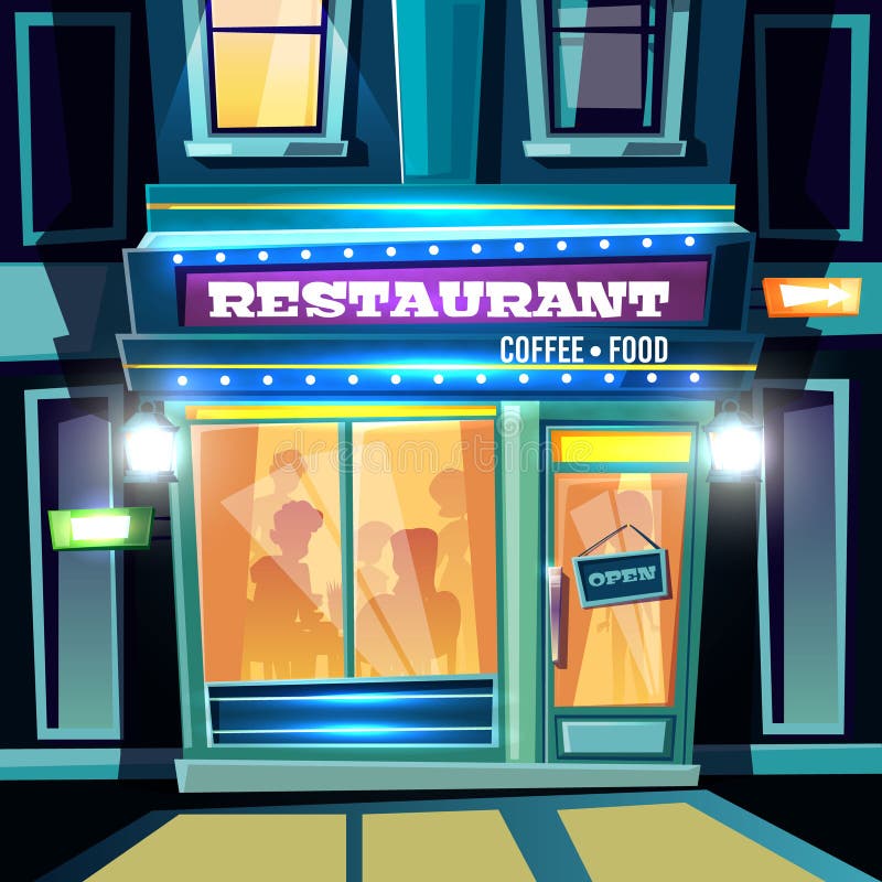 City restaurant facade at evening cartoon vector stock illustration City restaurant facade at evening cartoon vector stock illustration